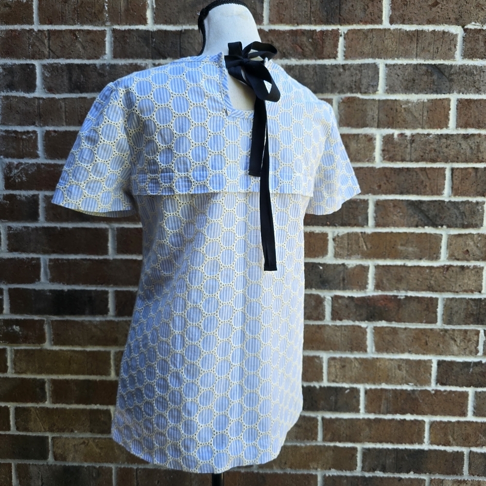J. Crew Blue and White Eyelet Blouse With Black Bow